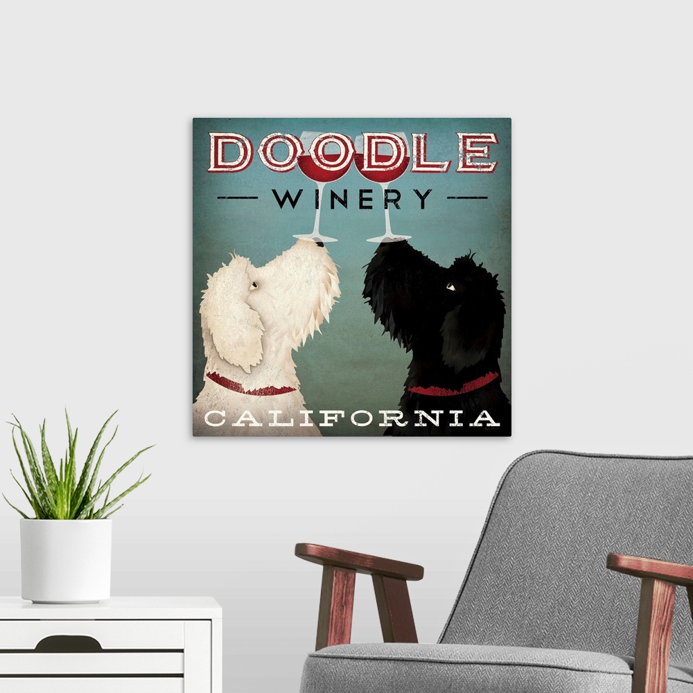 A modern room featuring Artwork of Labradoodles balancing glasses of red wine on their noses in unison like a couple of b...
