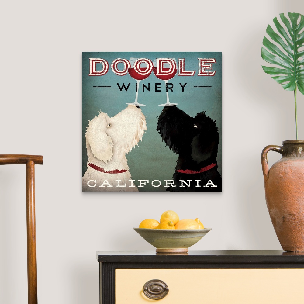 A traditional room featuring Artwork of Labradoodles balancing glasses of red wine on their noses in unison like a couple of b...