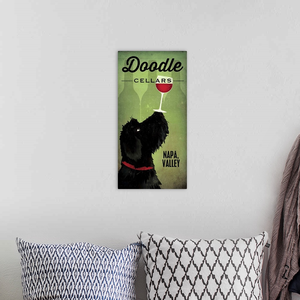 A bohemian room featuring Artwork of a black goldendoodle dog balancing a wine glass on his nose.
