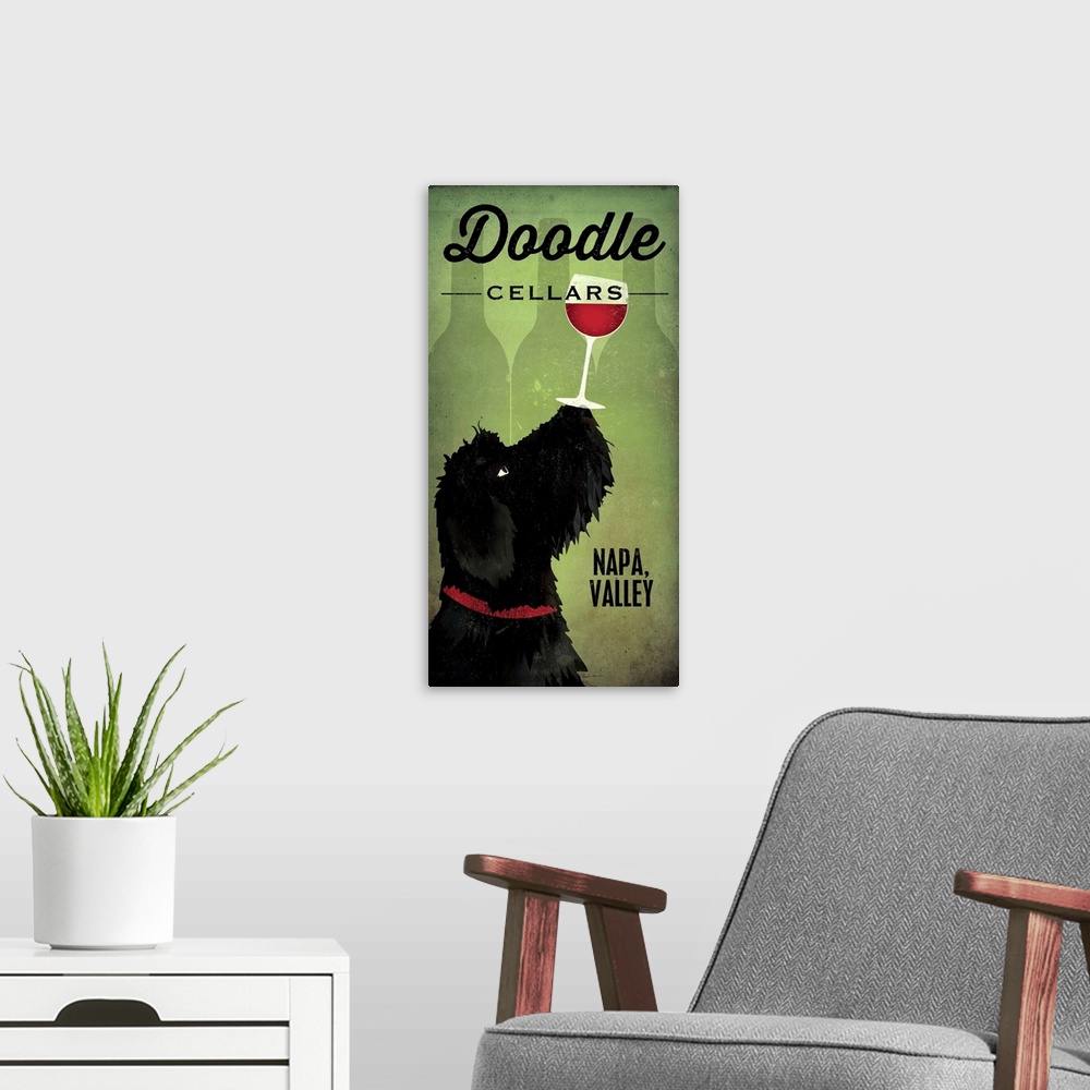 A modern room featuring Artwork of a black goldendoodle dog balancing a wine glass on his nose.