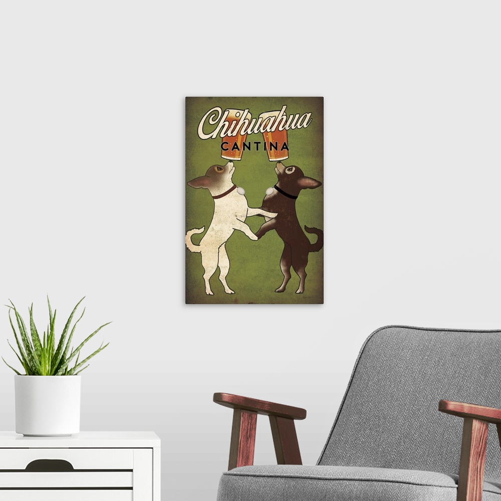 A modern room featuring Illustration of two chihuahuas balancing beers on their noses with "Chihuahua Cantina" written at...