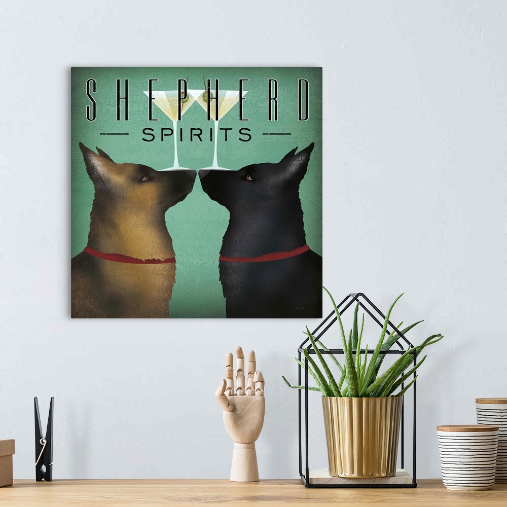A bohemian room featuring Square illustration of two shepherd dogs balancing martinis on their noses with "Shepherd Spirits...