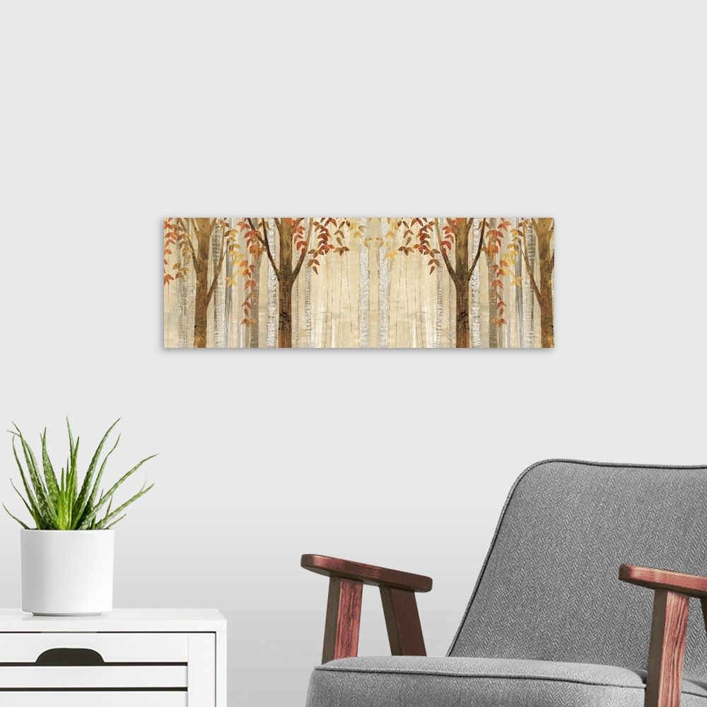 A modern room featuring Contemporary artwork of a forest during the autumn season with heavy distressing and leaves with ...