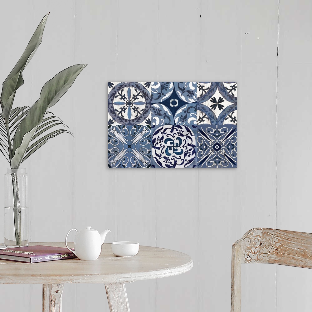 A farmhouse room featuring Large contemporary painting of six square different tile-like designs in white and indigo.