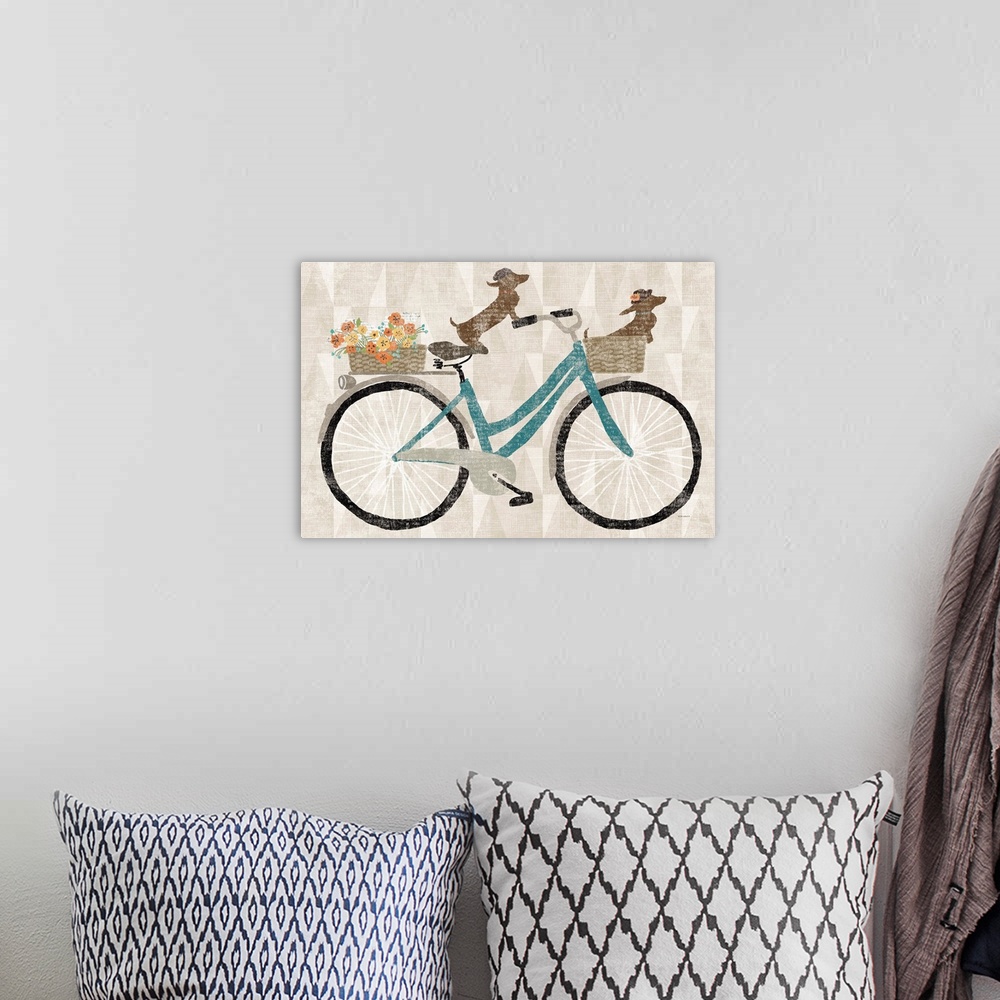 A bohemian room featuring Cute artwork of two dachshunds riding a bicycle.