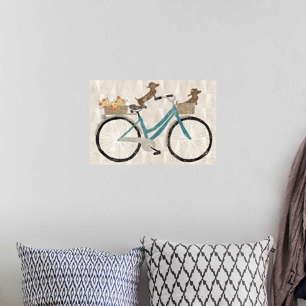 A bohemian room featuring Cute artwork of two dachshunds riding a bicycle.