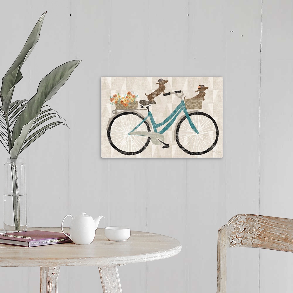 A farmhouse room featuring Cute artwork of two dachshunds riding a bicycle.