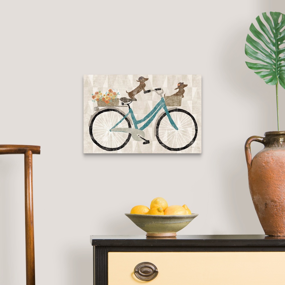 A traditional room featuring Cute artwork of two dachshunds riding a bicycle.