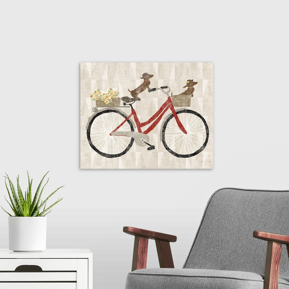 A modern room featuring Decorative artwork of two dachshunds riding a red bicycle with a neutral backdrop.