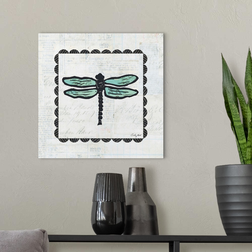 A modern room featuring Contemporary decorative artwork of a dragonfly surrounded by a square border design against a gra...