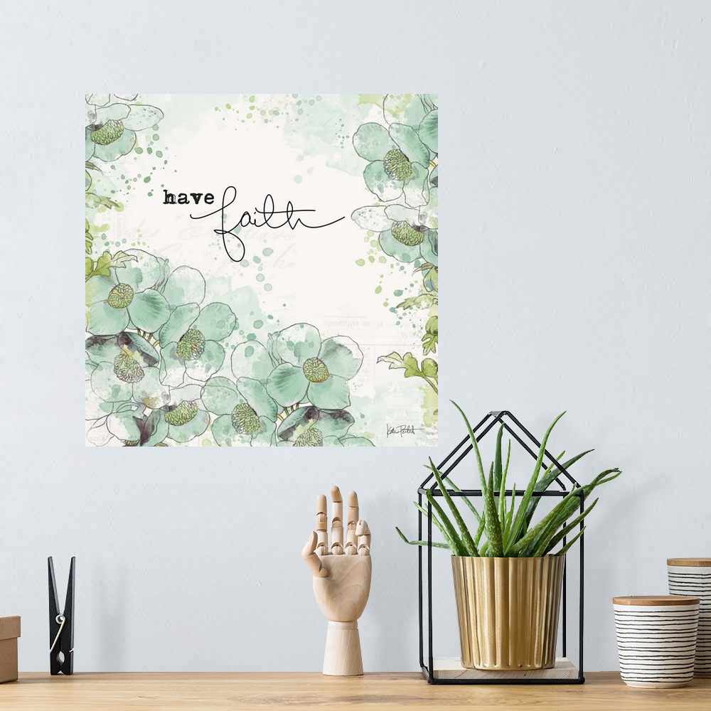 A bohemian room featuring "Have Faith" square art with illustrated blue and green flowers on a  white background with faint...