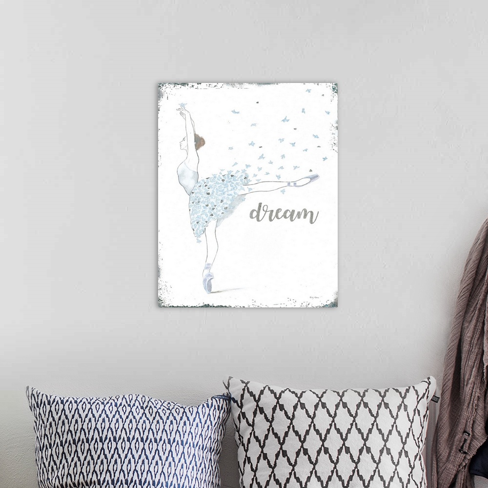 A bohemian room featuring Vertical painting of a ballerina in blue and silver accents and the text "Dream".