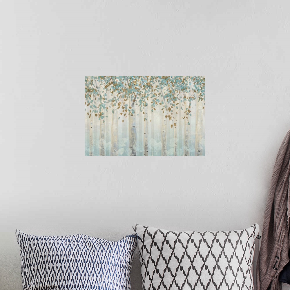 A bohemian room featuring Translucent trees create a serene illusion within this forest contemporary artwork.