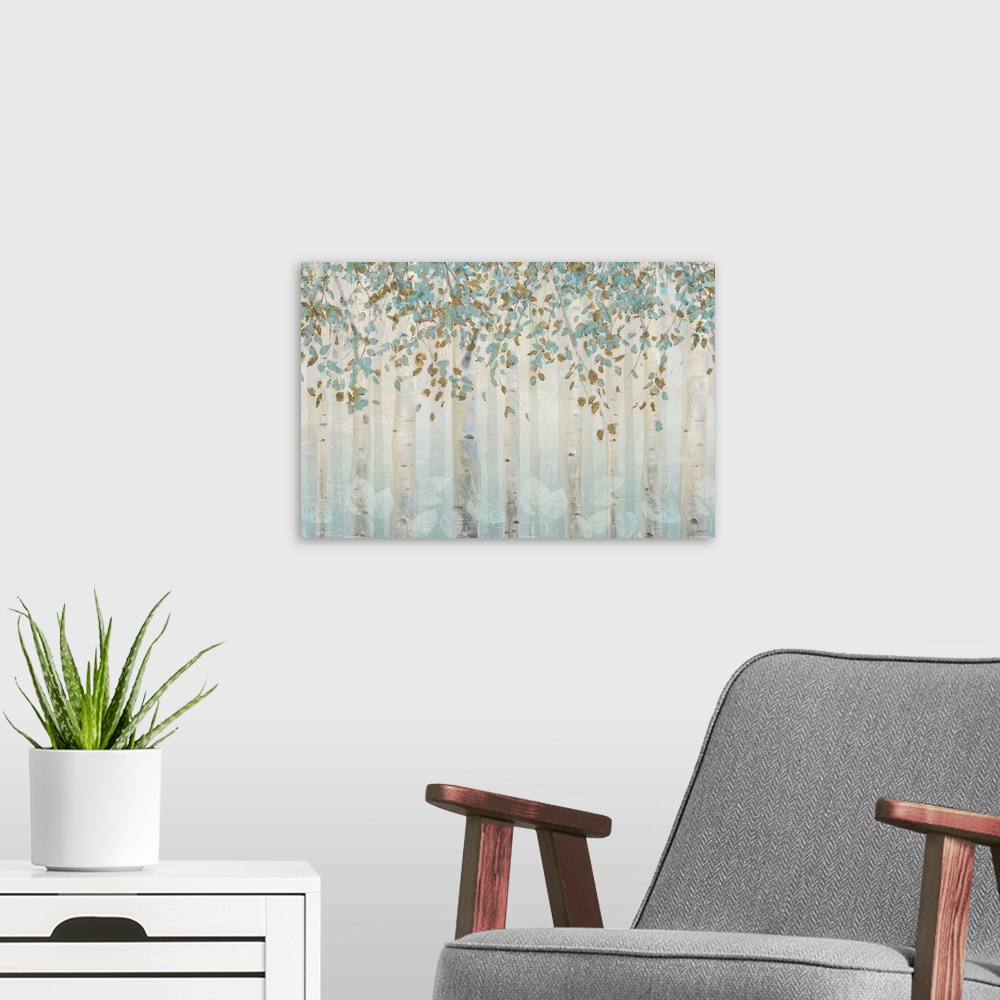 A modern room featuring Translucent trees create a serene illusion within this forest contemporary artwork.