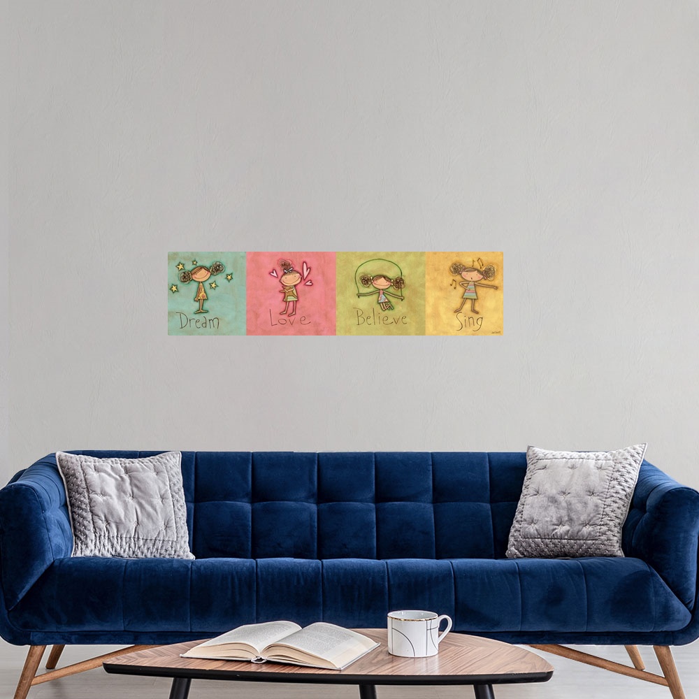 A modern room featuring Contemporary children's artwork of little girls jumping rope and singing.