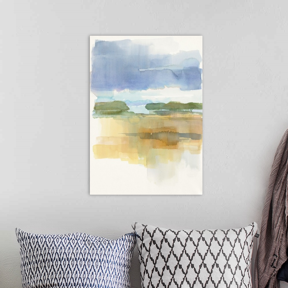 A bohemian room featuring Watercolor painting of a simple landscape in soft blue twilight.