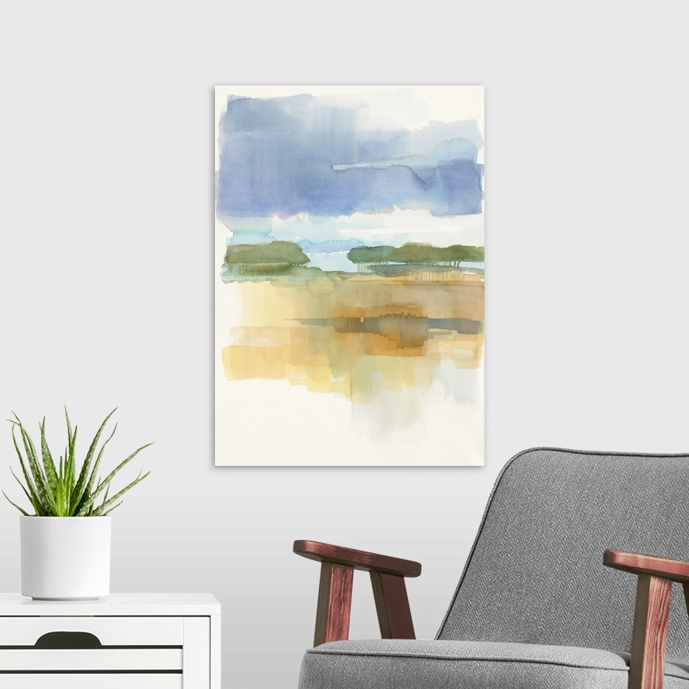 A modern room featuring Watercolor painting of a simple landscape in soft blue twilight.
