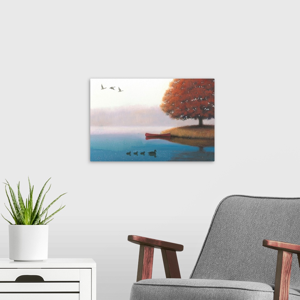 A modern room featuring Contemporary painting of a calm lake in the morning with ducks.