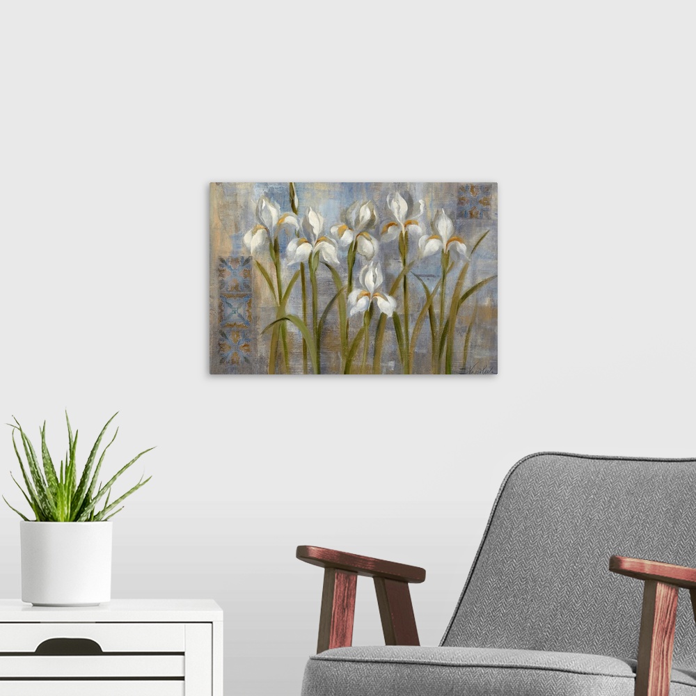 A modern room featuring Giant floral art composed of a small group of iris flowers sitting in front of a backdrop filled ...