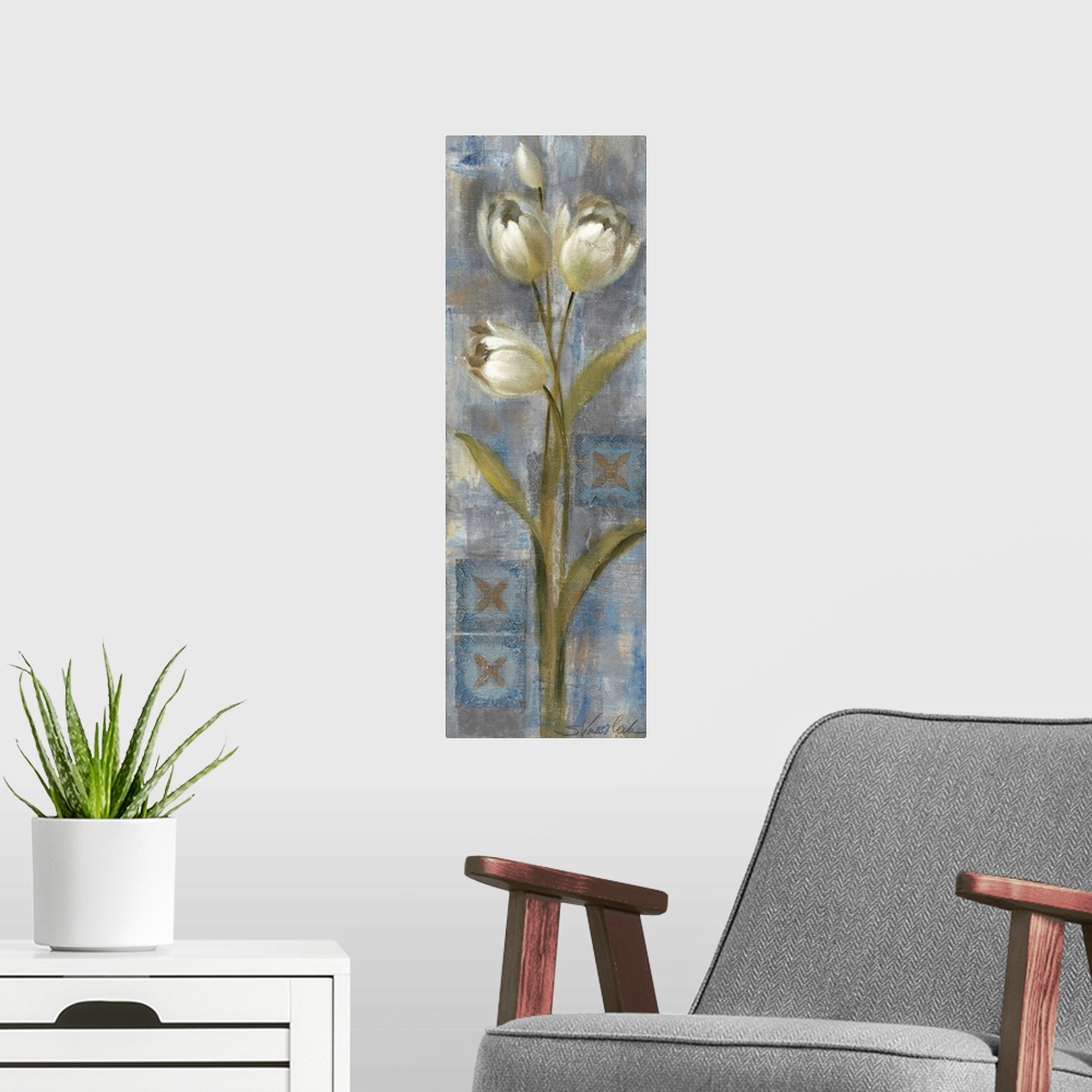 A modern room featuring Docor perfect for the home of tall white tulips that are painted against a cool background.