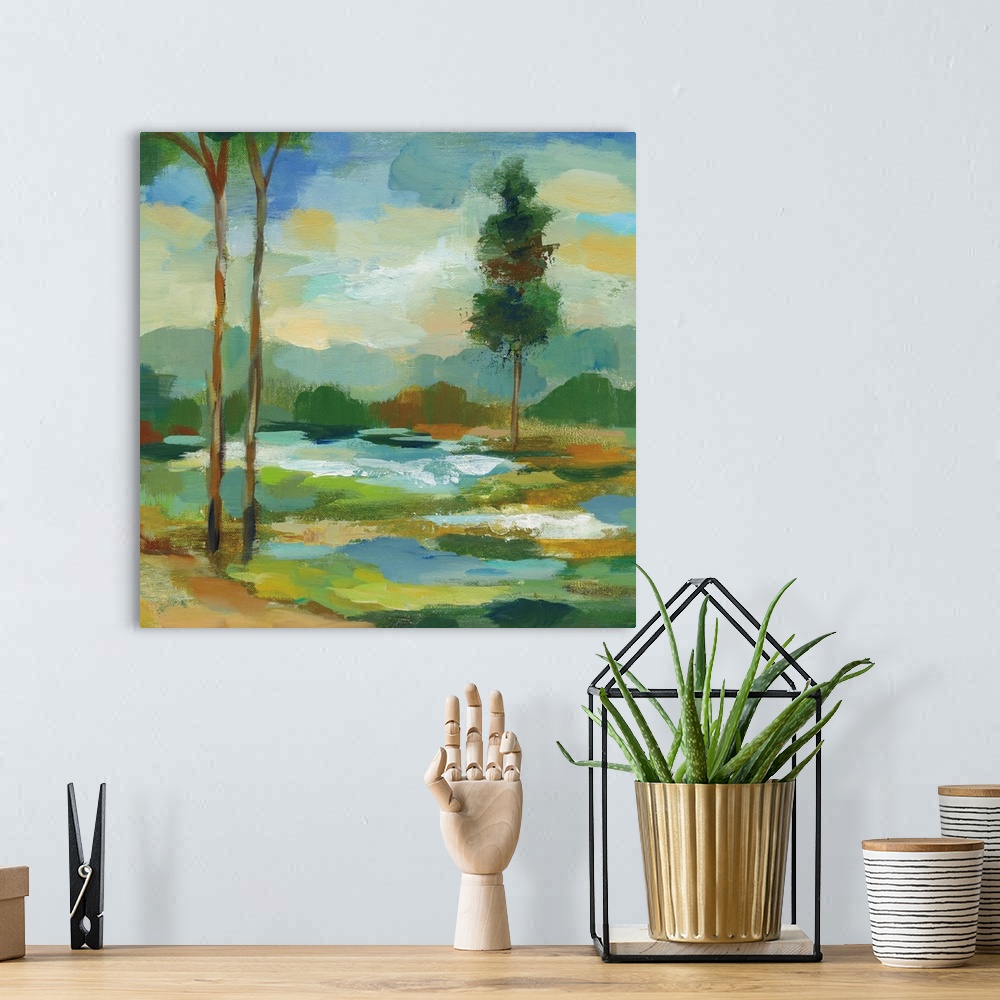 A bohemian room featuring Square abstract painting of a landscape with a river and tall trees, created with short, horizont...