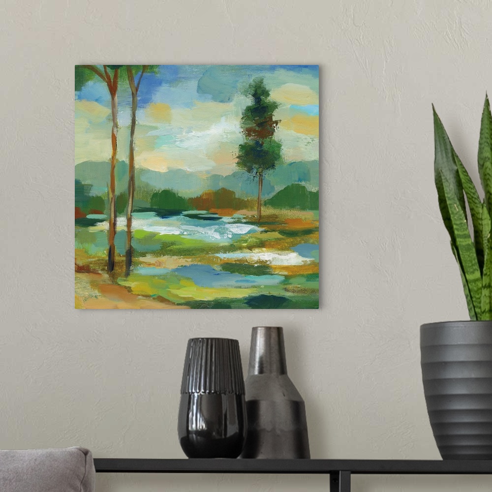 A modern room featuring Square abstract painting of a landscape with a river and tall trees, created with short, horizont...