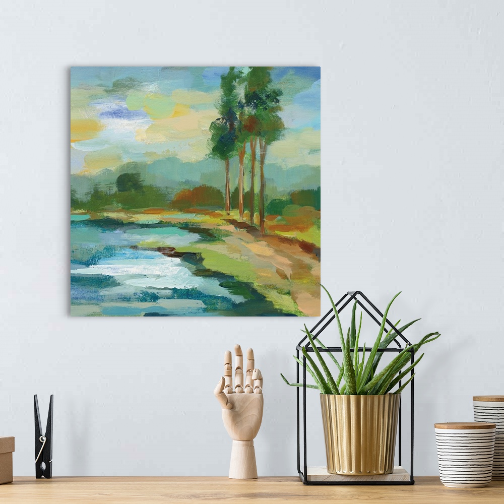 A bohemian room featuring Square abstract painting of a landscape with a pond and tall trees, created with short, horizonta...