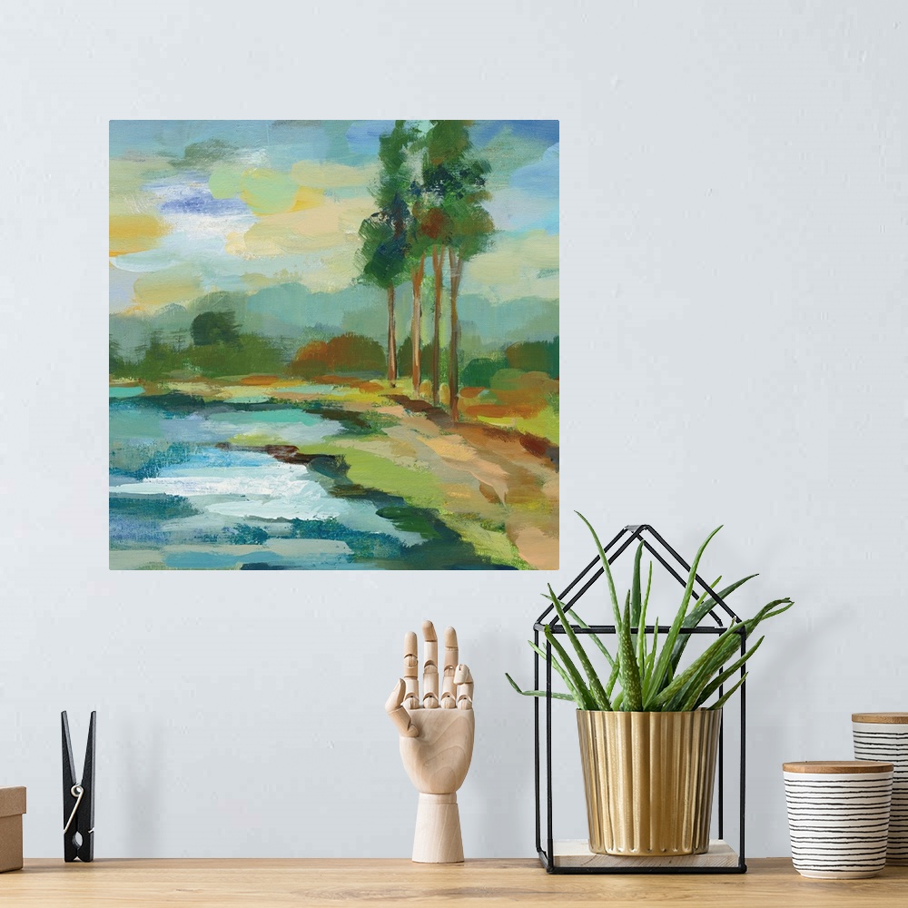 A bohemian room featuring Square abstract painting of a landscape with a pond and tall trees, created with short, horizonta...