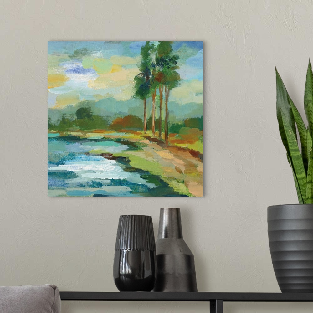 A modern room featuring Square abstract painting of a landscape with a pond and tall trees, created with short, horizonta...
