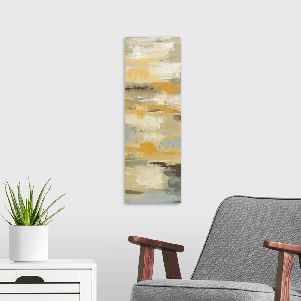 A modern room featuring Contemporary abstract painting using muted yellows and creams.