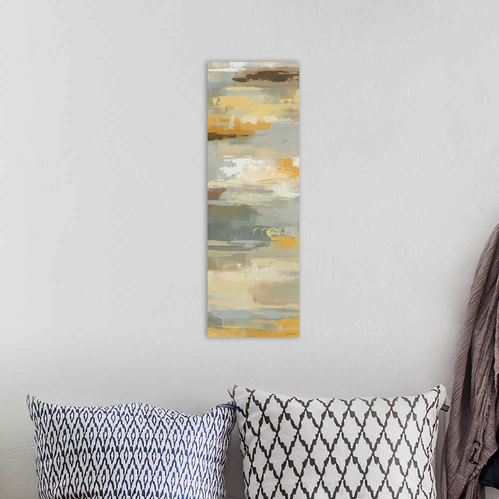 A bohemian room featuring Contemporary abstract painting using muted yellows and creams.