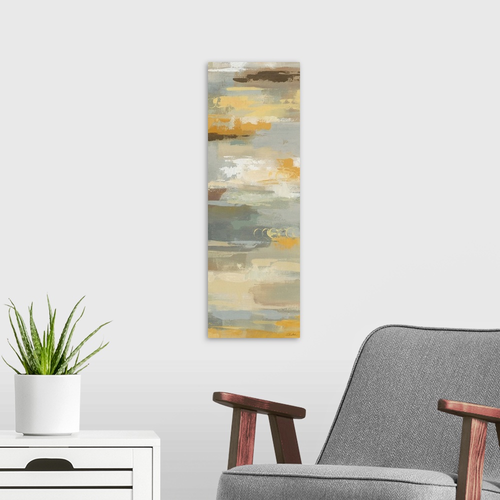 A modern room featuring Contemporary abstract painting using muted yellows and creams.