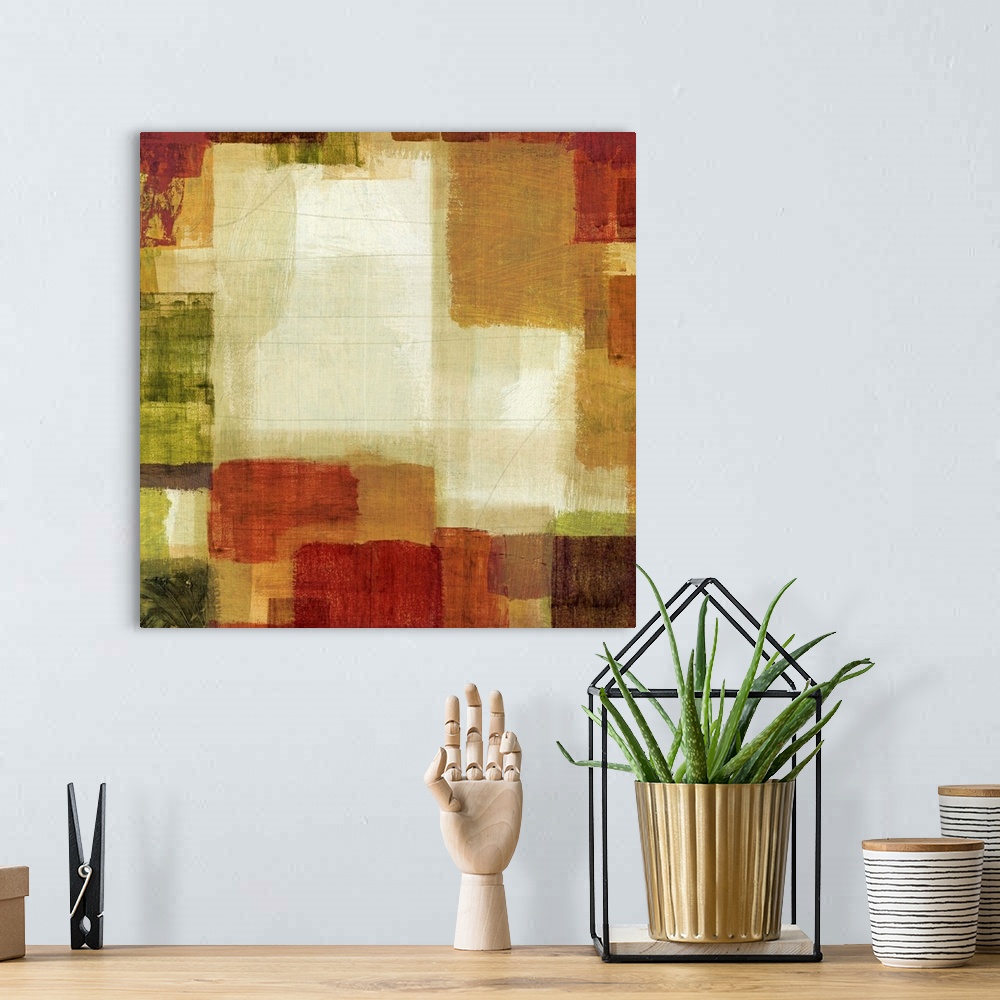 A bohemian room featuring Contemporary abstract image of muted earth-toned squares situated around the border of a lighter ...