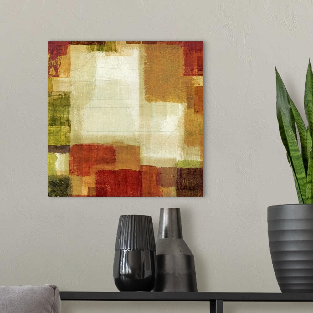 A modern room featuring Contemporary abstract image of muted earth-toned squares situated around the border of a lighter ...