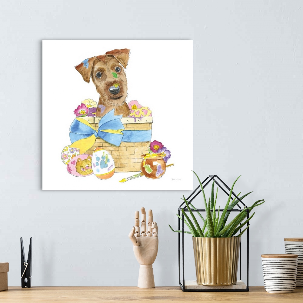 A bohemian room featuring Easter themed watercolor illustration of a Scottish Terrier inside of a woven basket filled with ...