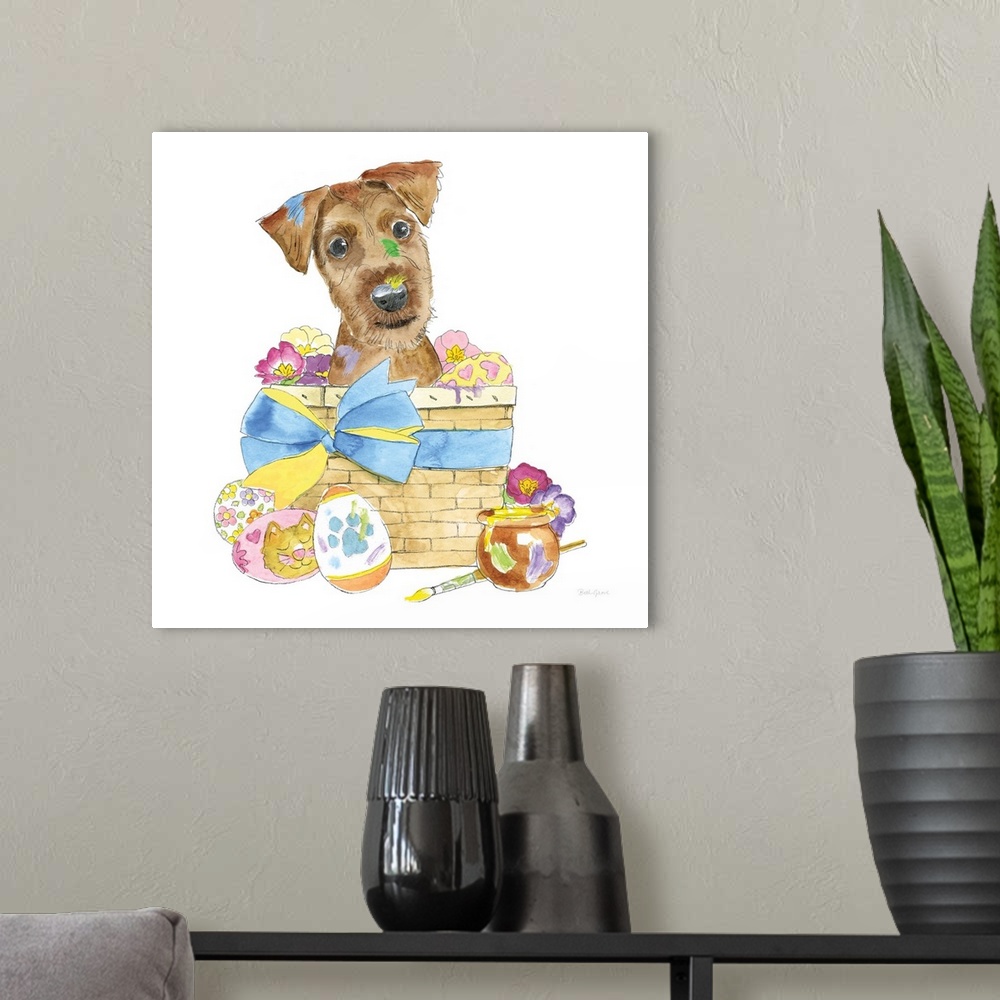 A modern room featuring Easter themed watercolor illustration of a Scottish Terrier inside of a woven basket filled with ...