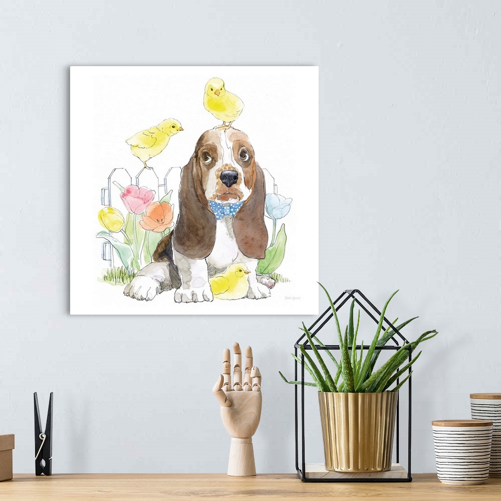 A bohemian room featuring Easter themed watercolor illustration of a Basset Hound with three yellow chicks and Spring tulips.