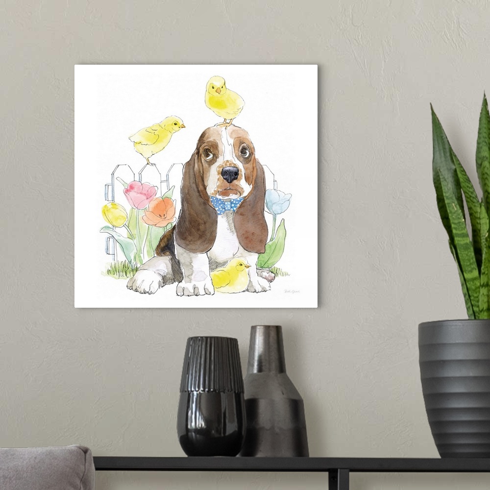 A modern room featuring Easter themed watercolor illustration of a Basset Hound with three yellow chicks and Spring tulips.