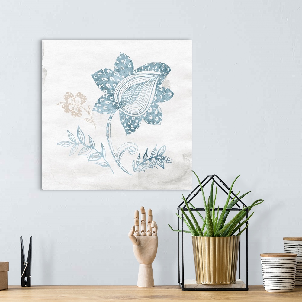 A bohemian room featuring Decorative artwork of a bohemian inspired floral designs over a watercolor paper background.