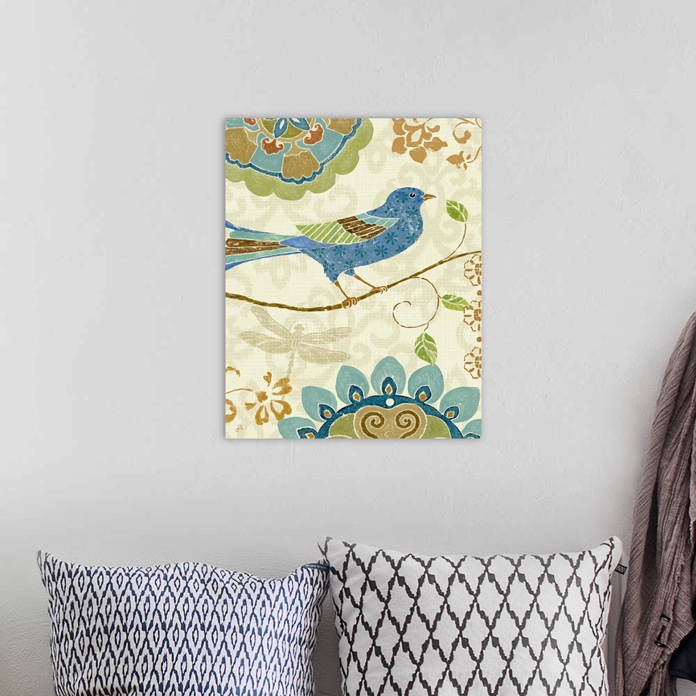 A bohemian room featuring Docor for the home of a blue bird standing on a single branch with creative designs surrounding t...