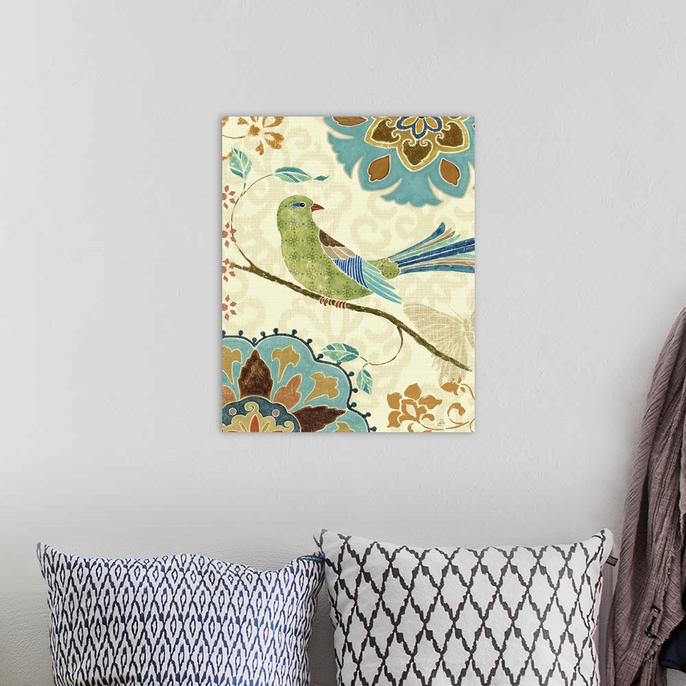 A bohemian room featuring A bird is pictured resting on a branch surrounded by intricate flower designs in cool and neutral...