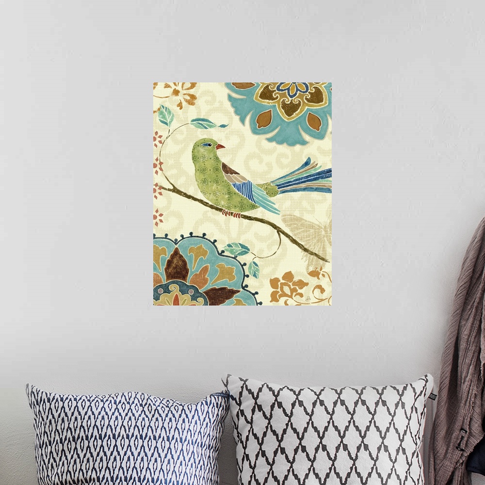 A bohemian room featuring A bird is pictured resting on a branch surrounded by intricate flower designs in cool and neutral...