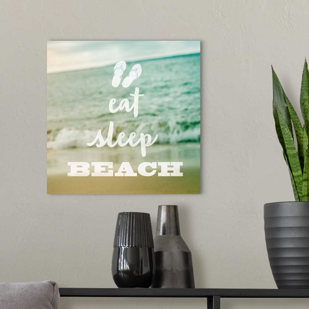 A modern room featuring "Eat Sleep Beach" in white text over a pastel image of the beach.