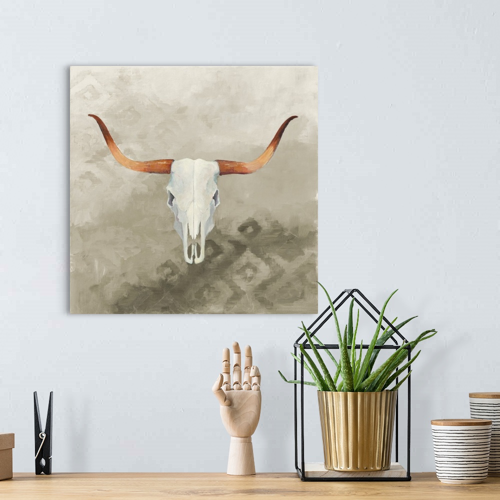 A bohemian room featuring Contemporary painting of a bull skull against a gray faded patterned background.