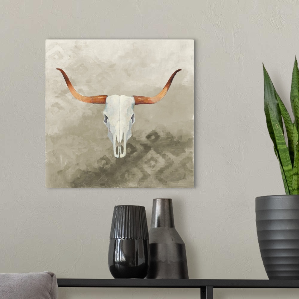 A modern room featuring Contemporary painting of a bull skull against a gray faded patterned background.