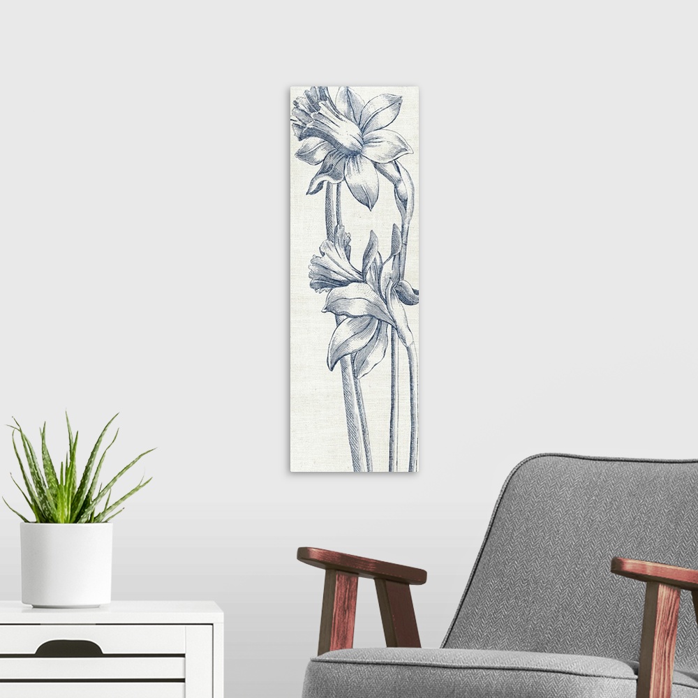 A modern room featuring Vintage stylized illustration of flowers.