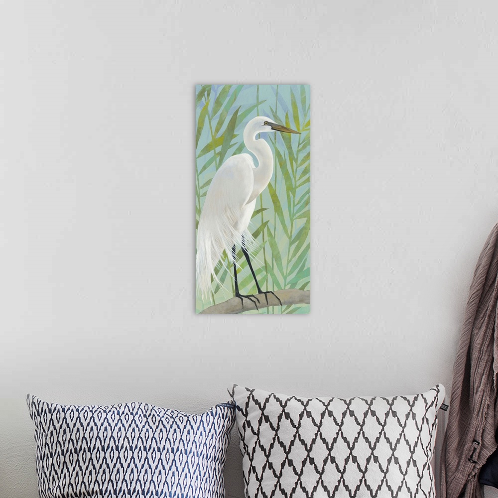 A bohemian room featuring Contemporary painting of an Egret in the marshy reeds.