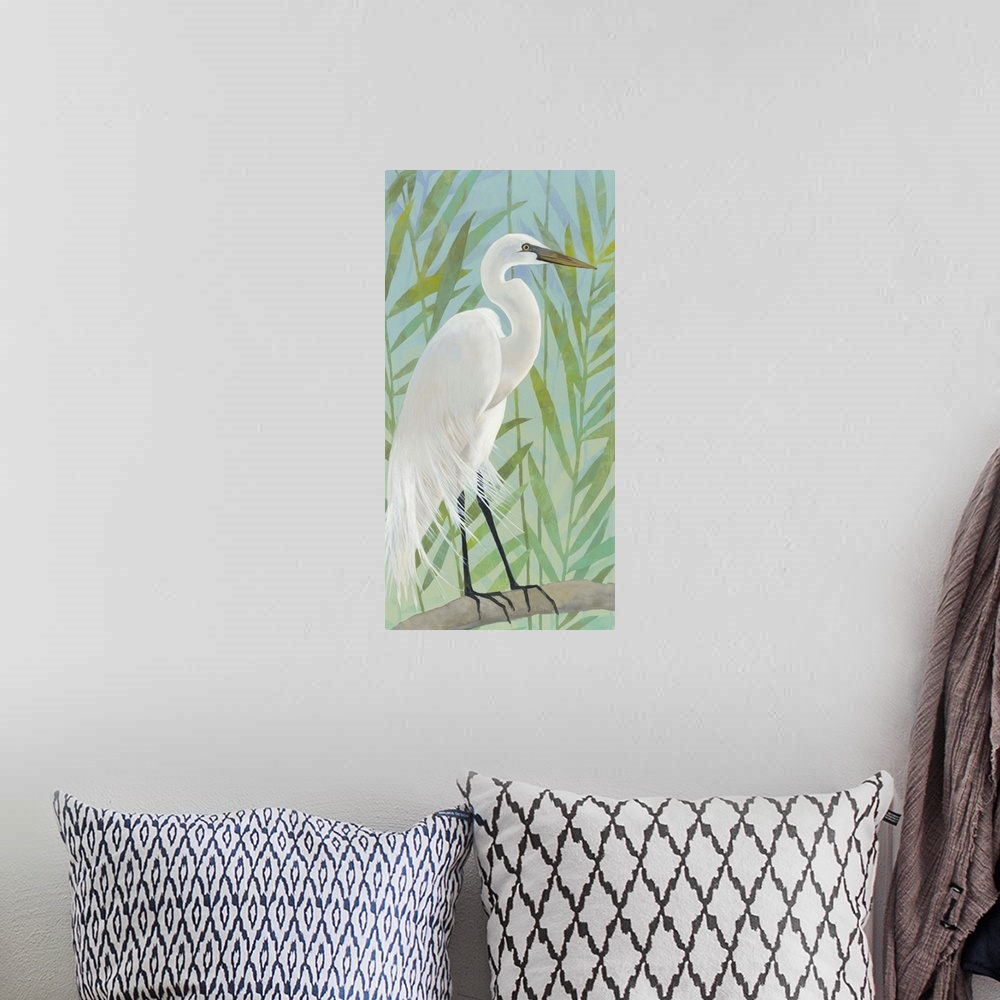 A bohemian room featuring Contemporary painting of an Egret in the marshy reeds.