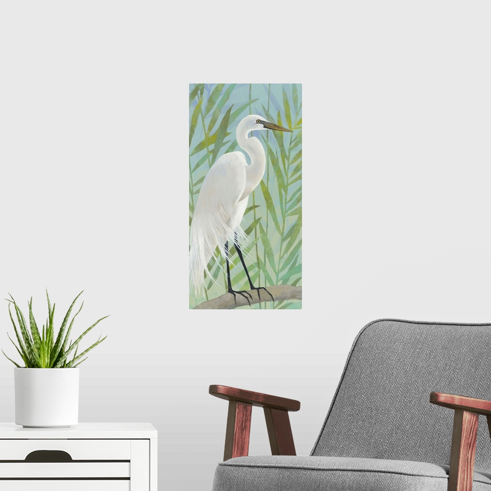 A modern room featuring Contemporary painting of an Egret in the marshy reeds.
