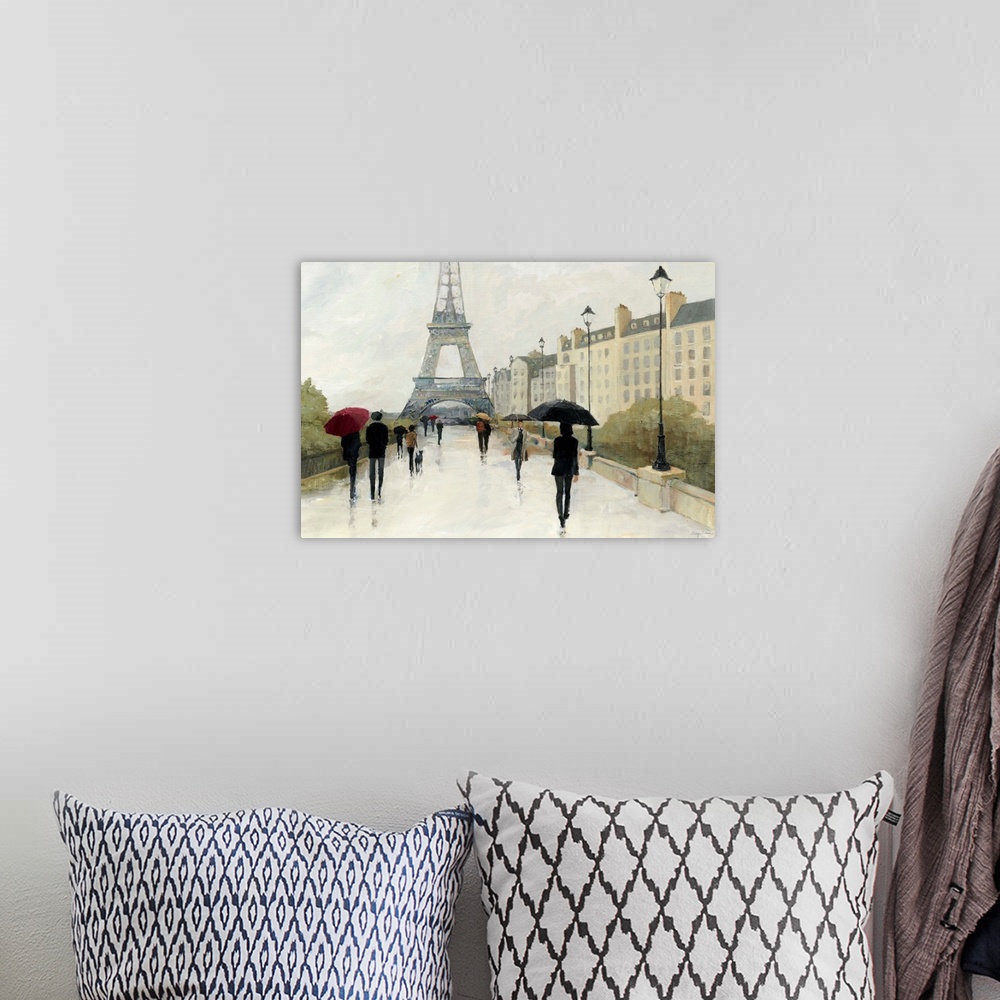 A bohemian room featuring Contemporary painting of a street in Paris leading to the Eiffel Tower, with figures with umbrellas.